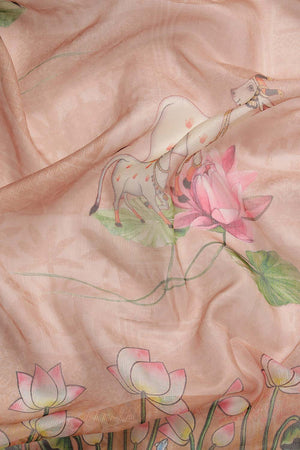 Peach Pichwai Muga Silk Digital Print Saree With Unstitched Blouse Piece (SZ-DGSAVI-1836)