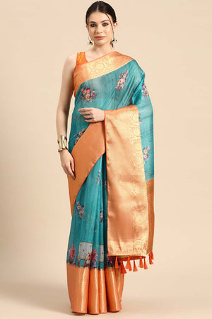Teal Muga Silk Animal Print Saree