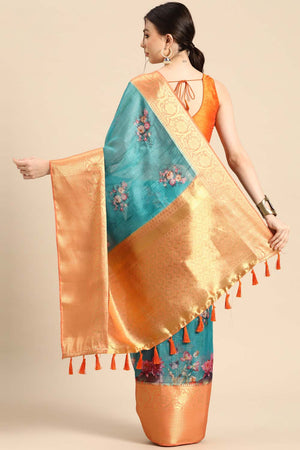 Teal Muga Silk Animal Print Saree