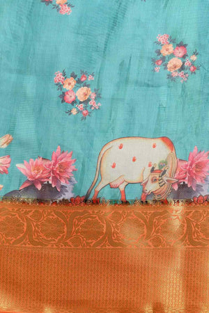 Teal Muga Silk Animal Print Saree