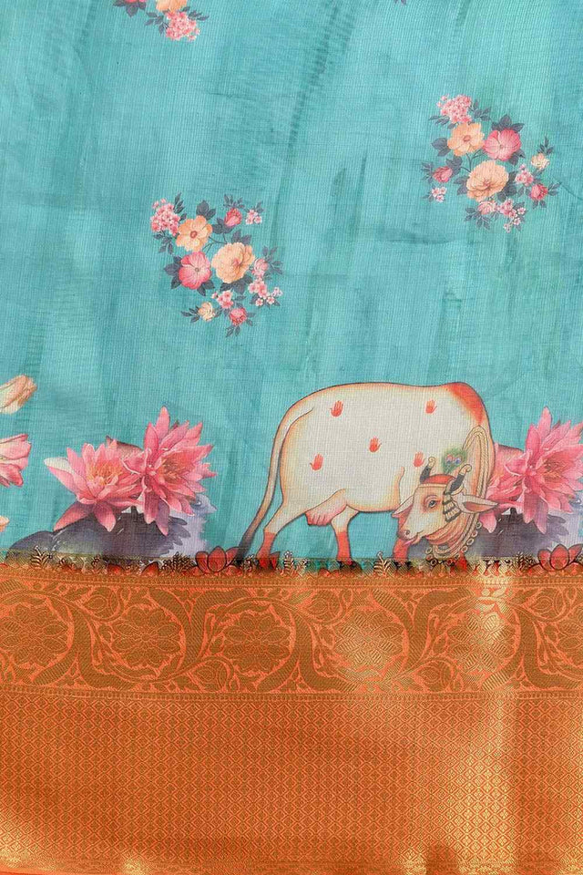 Teal Muga Silk Animal Print Saree