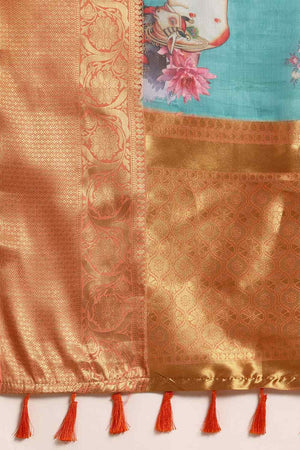 Teal Muga Silk Animal Print Saree