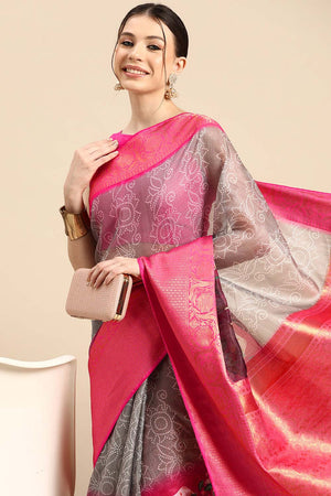 Grey Muga Silk Bandhani Saree