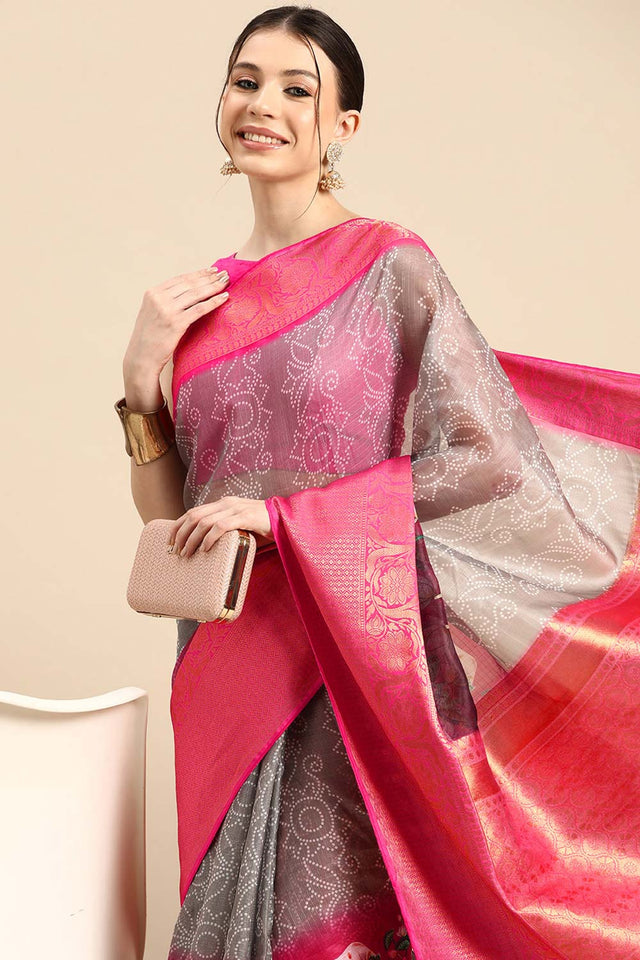 Grey Muga Silk Bandhani Saree