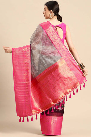 Grey Muga Silk Bandhani Saree