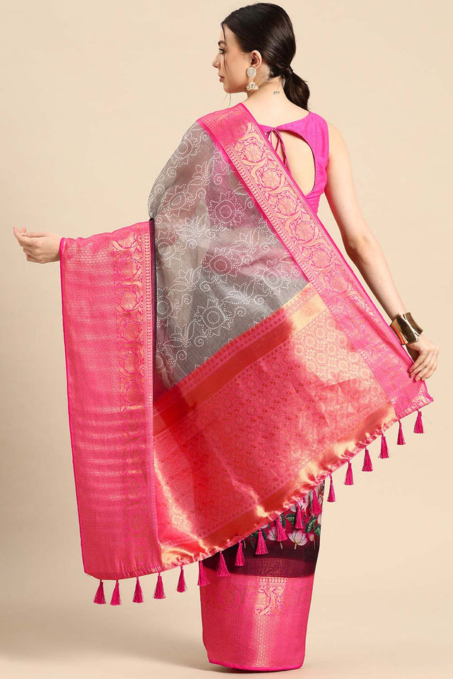 Grey Muga Silk Bandhani Saree