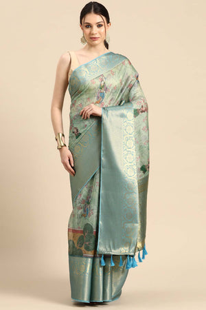 Light Green Muga Silk Animal Print Saree