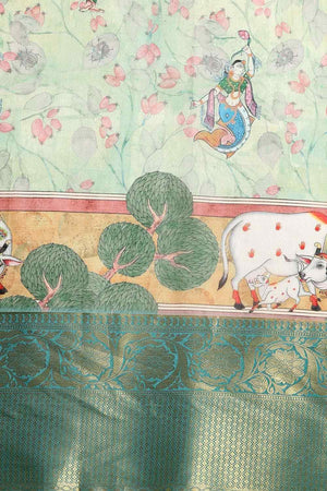 Light Green Muga Silk Animal Print Saree