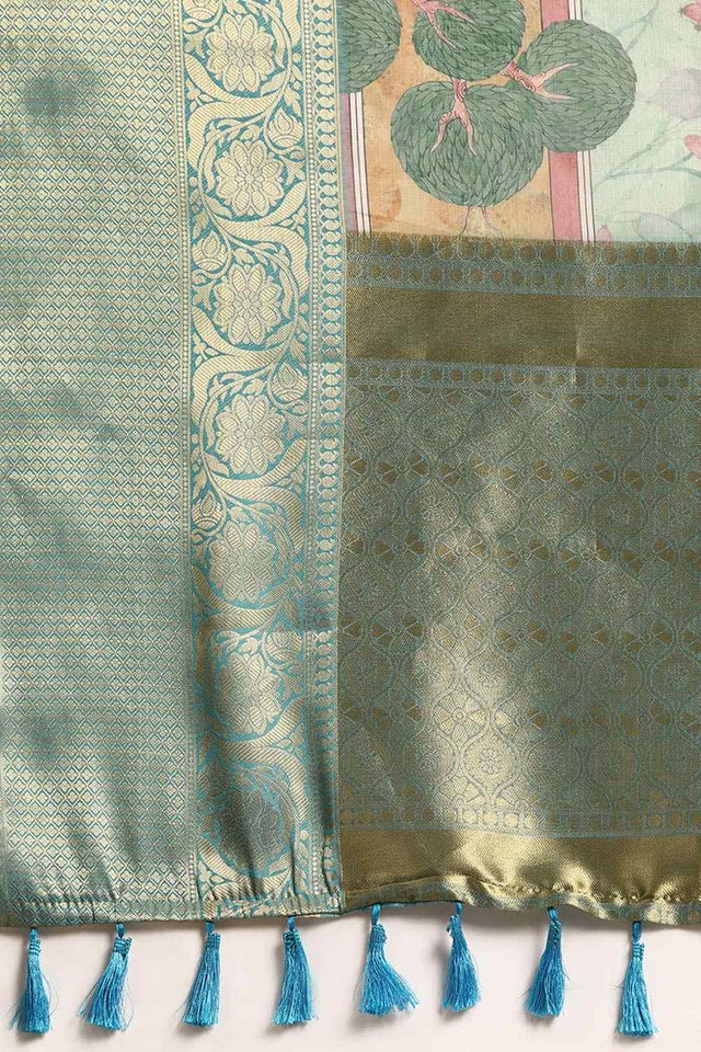 Light Green Muga Silk Animal Print Saree