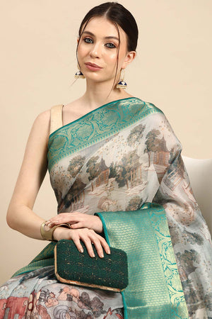 Grey Muga Silk Animal Print Saree