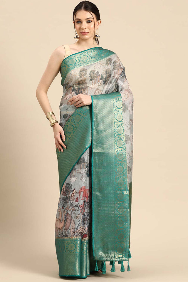 Grey Muga Silk Animal Print Saree