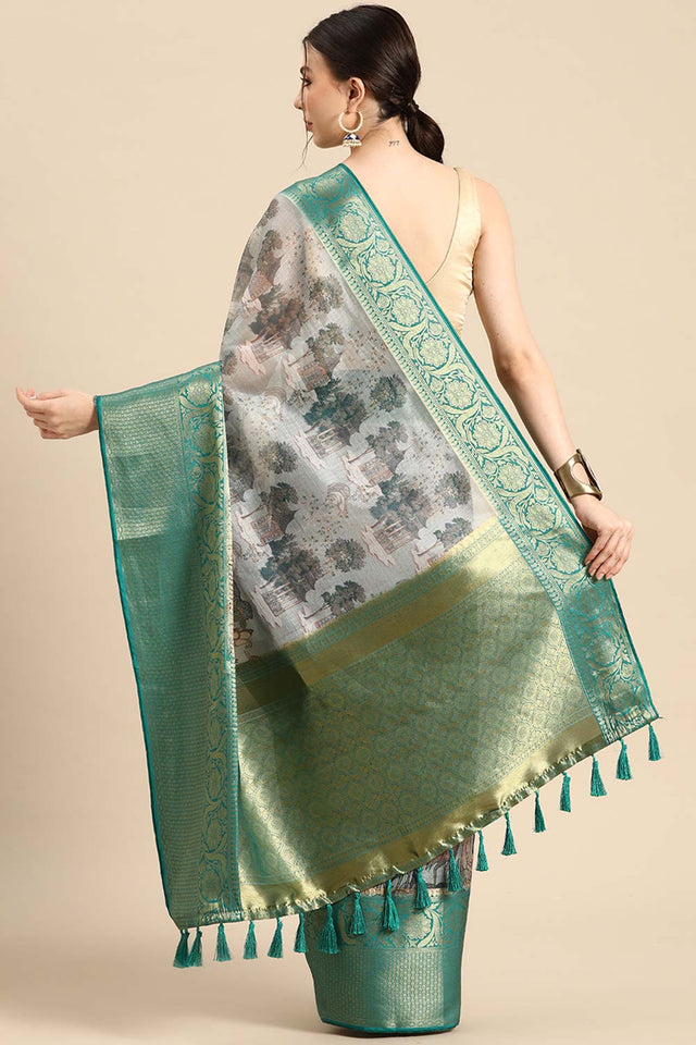 Grey Muga Silk Animal Print Saree