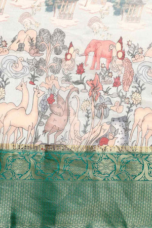 Grey Muga Silk Animal Print Saree