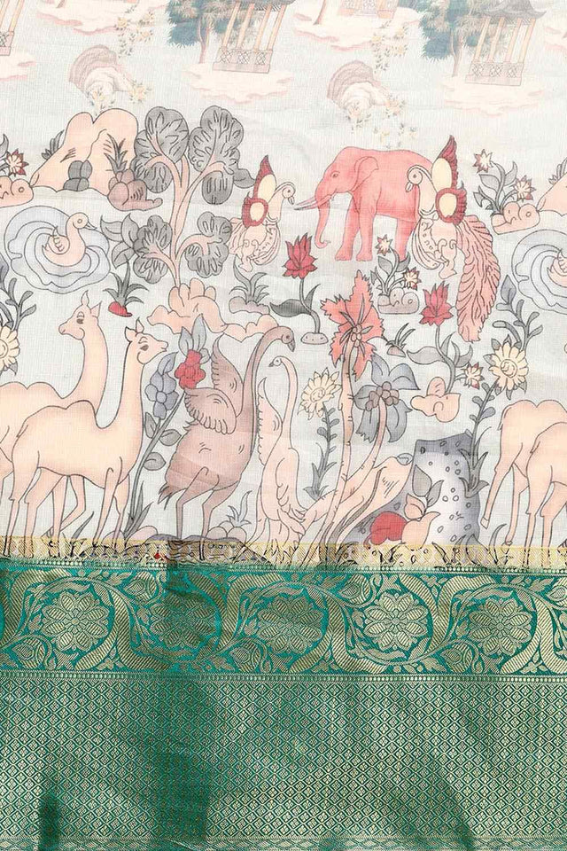 Grey Muga Silk Animal Print Saree