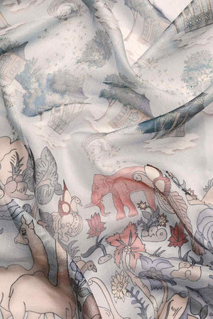 Grey Muga Silk Animal Print Saree