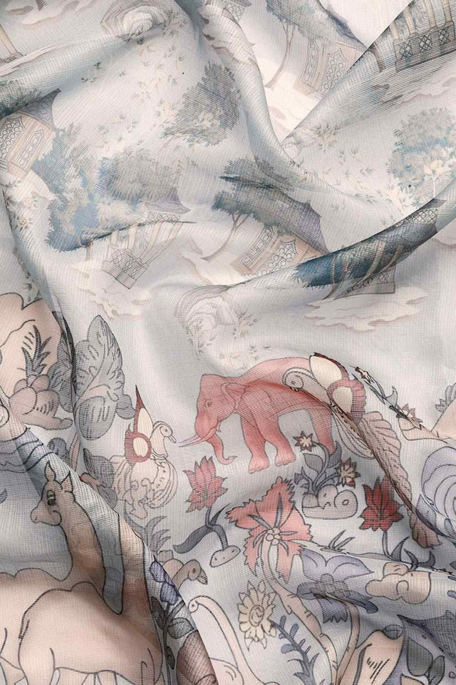 Grey Muga Silk Animal Print Saree