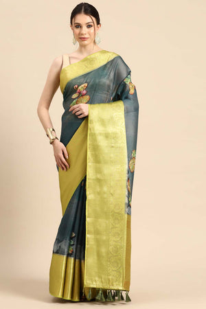 Dark Blue Muga Silk Floral Saree