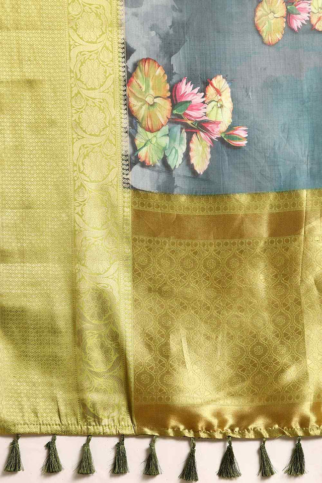 Dark Blue Muga Silk Floral Saree