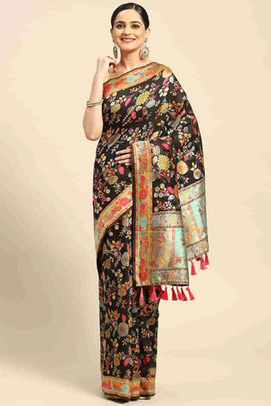 Black Embroidered Cotton Blend Saree