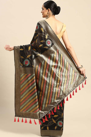 Black Embroidered Cotton Blend Saree