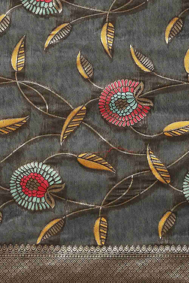 Black Embroidered Cotton Blend Saree