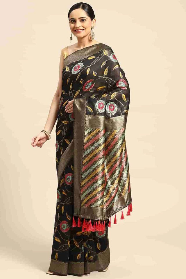 Black Embroidered Cotton Blend Saree