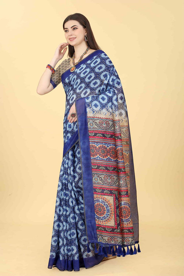Blue Printed Cotton Blend Saree