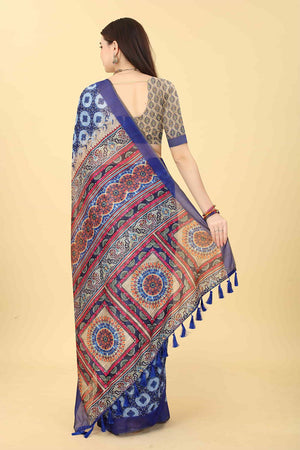 Blue Printed Cotton Blend Saree