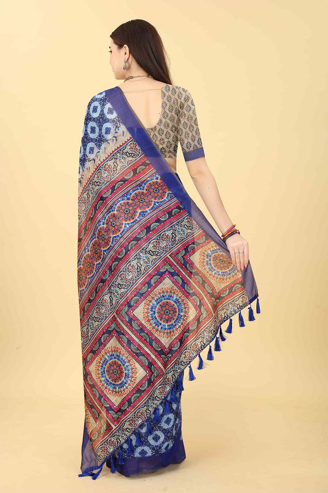 Blue Printed Cotton Blend Saree