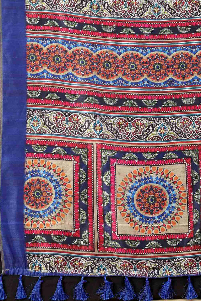 Blue Printed Cotton Blend Saree