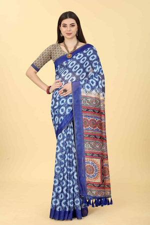 Blue Printed Cotton Blend Saree