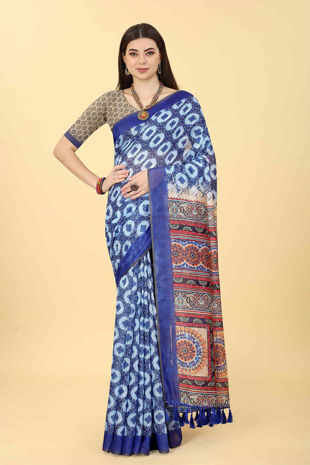 Blue Printed Cotton Blend Saree