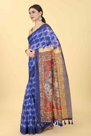 Blue Printed Cotton Blend Saree