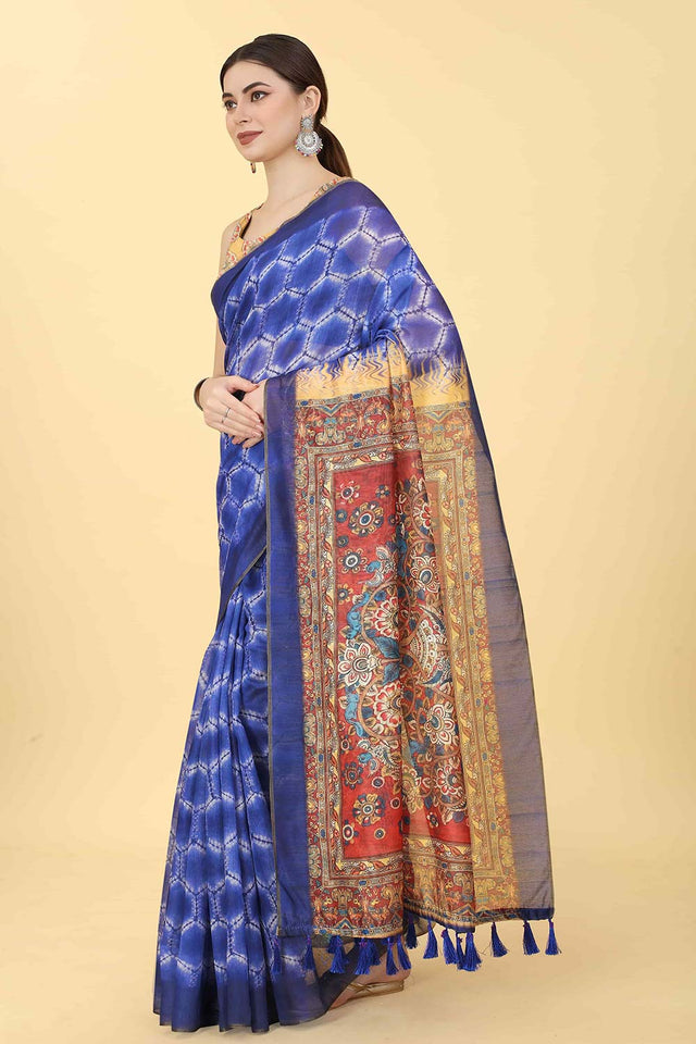 Blue Printed Cotton Blend Saree