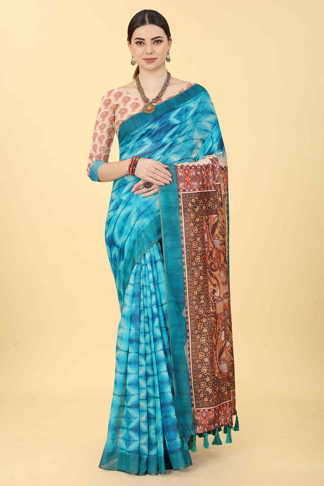 Blue Printed Cotton Blend Saree (SZ-INDIGO-1417)