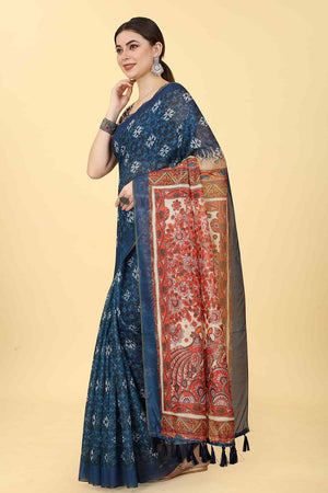 Blue Printed Cotton Blend Saree