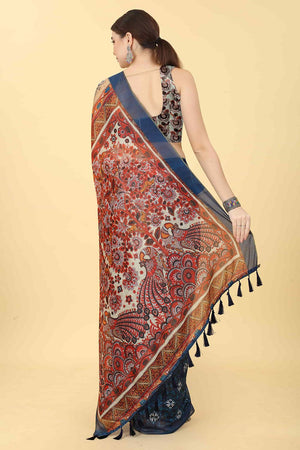 Blue Printed Cotton Blend Saree