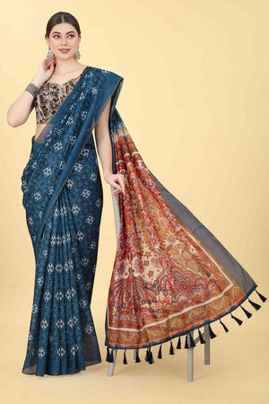 Blue Printed Cotton Blend Saree