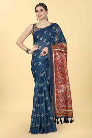 Blue Printed Cotton Blend Saree