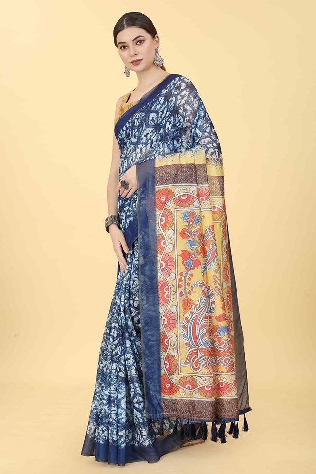 Blue Printed Cotton Blend Saree