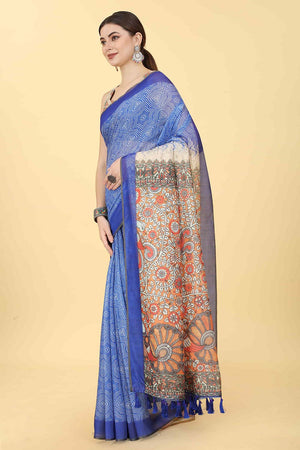 Blue Printed Cotton Blend Saree