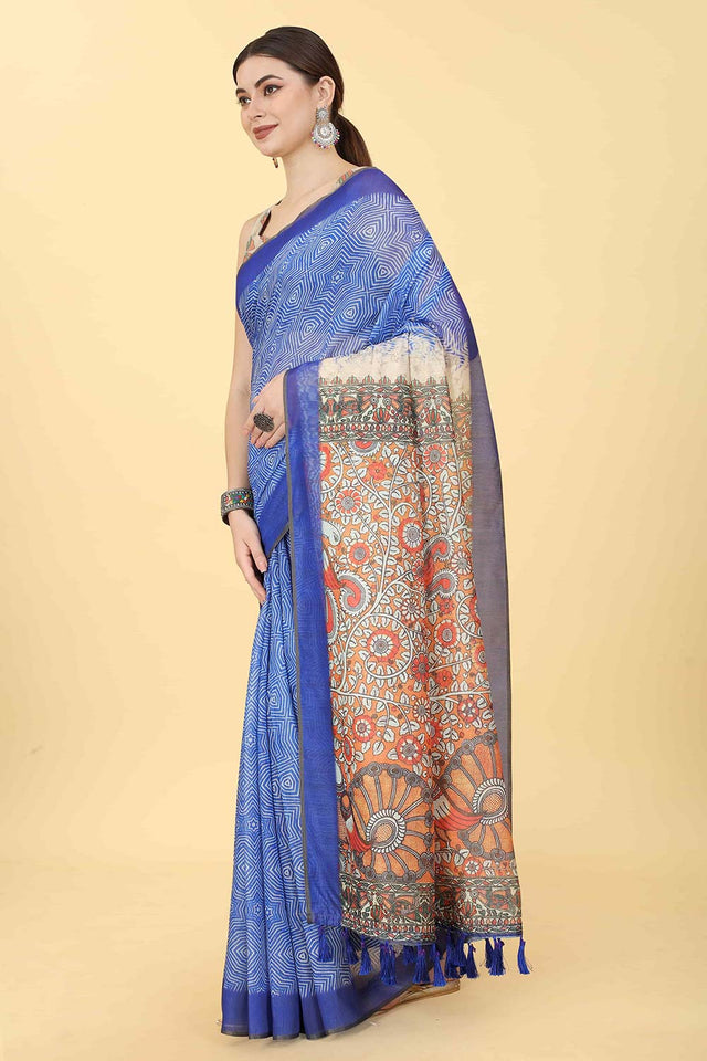 Blue Printed Cotton Blend Saree