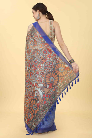 Blue Printed Cotton Blend Saree