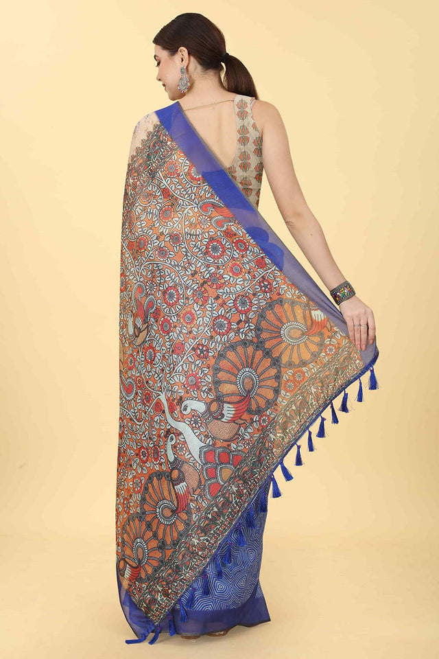 Blue Printed Cotton Blend Saree