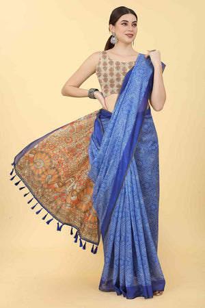 Blue Printed Cotton Blend Saree