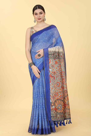 Blue Printed Cotton Blend Saree