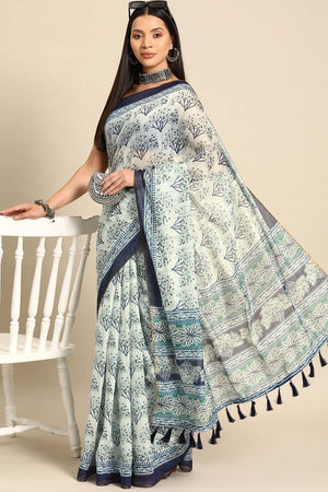 White Printed Cotton Blend Saree