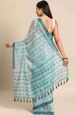 Teal Printed Cotton Blend Saree (SZ-INDIGO-1521)