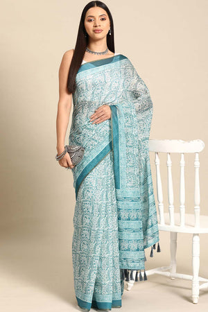 Teal Printed Cotton Blend Saree (SZ-INDIGO-1521)
