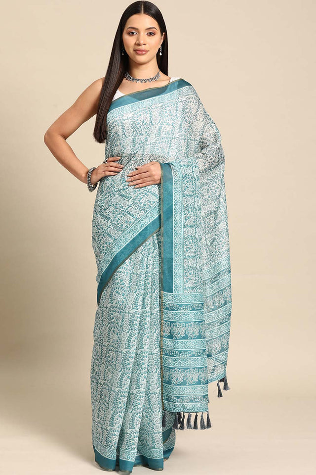 Teal Printed Cotton Blend Saree (SZ-INDIGO-1521)